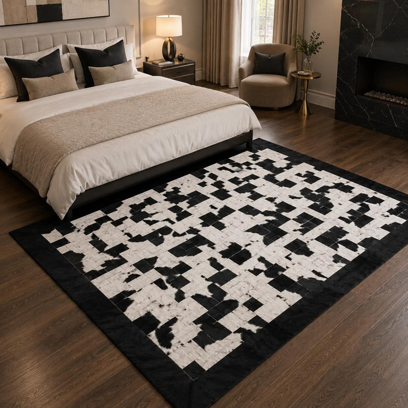 Tapis en cuir de vache noir et blanc fait à la main, tapis en cuir véritable, 6 x 9 pi