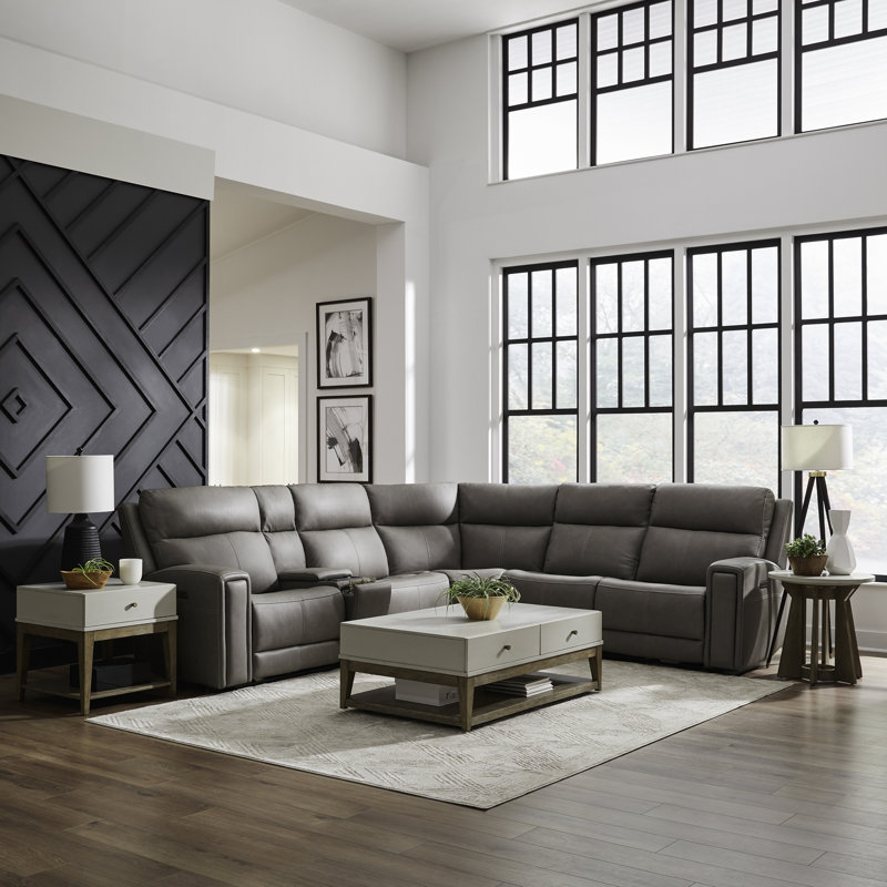 6 Piece Zero Wall Reclining Power Sectional, Gray Leather
