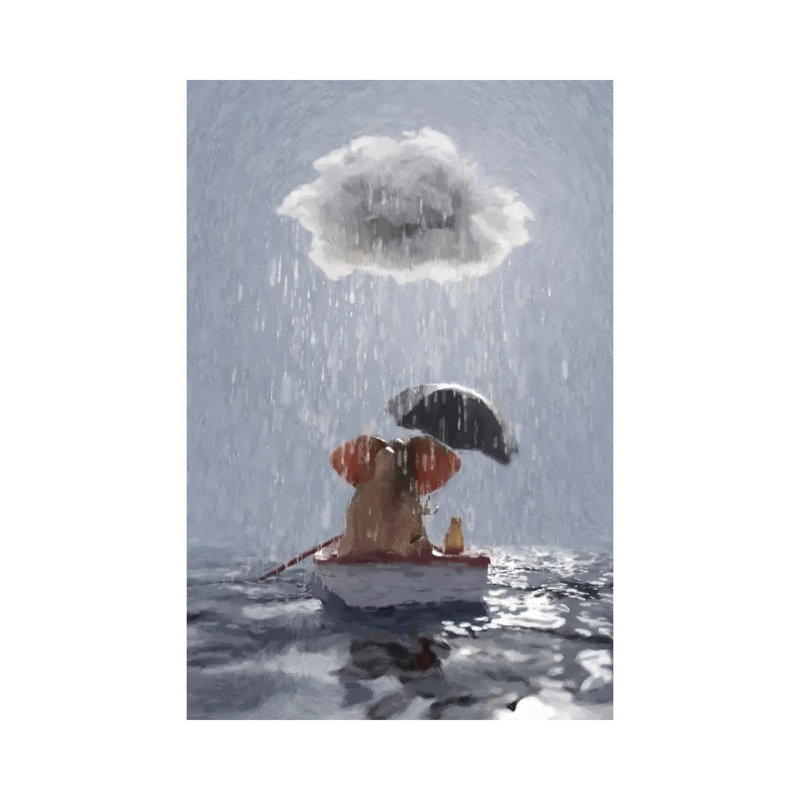 " An Elephant And A Dog Float In A Boat In The Rain III " by Mike Kiev, No Mat, Wrapped Canvas, 12" H x 8" W x 0.75" D