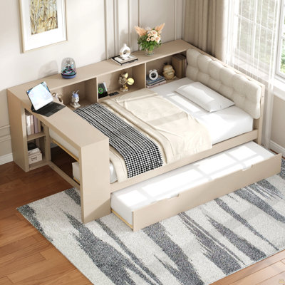 Lit plateforme simple en bois avec tablettes de rangement, lit gigogne et station de charge