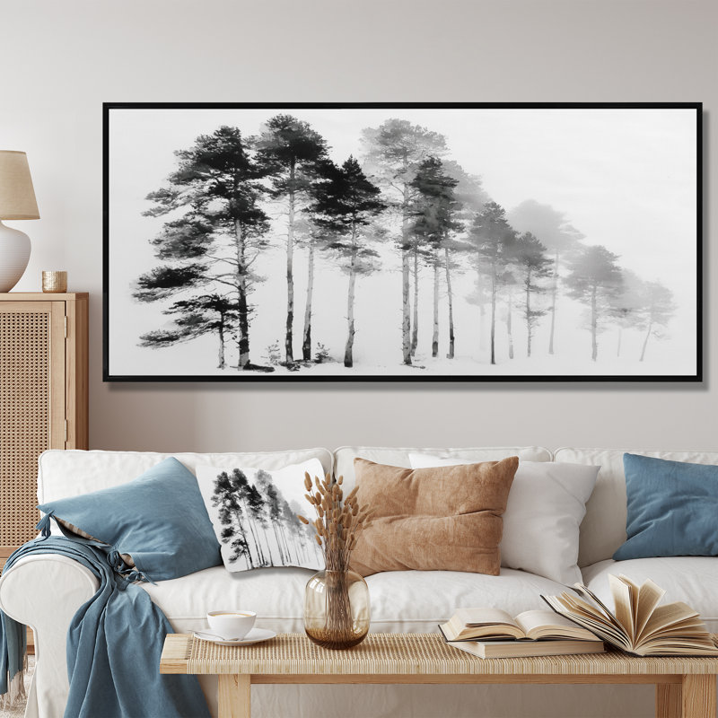 «Black and White Tall Pine Tree Forest», reproduction d'art sur toile, H 28 po x l 60 po, Cadre flottant, Noir