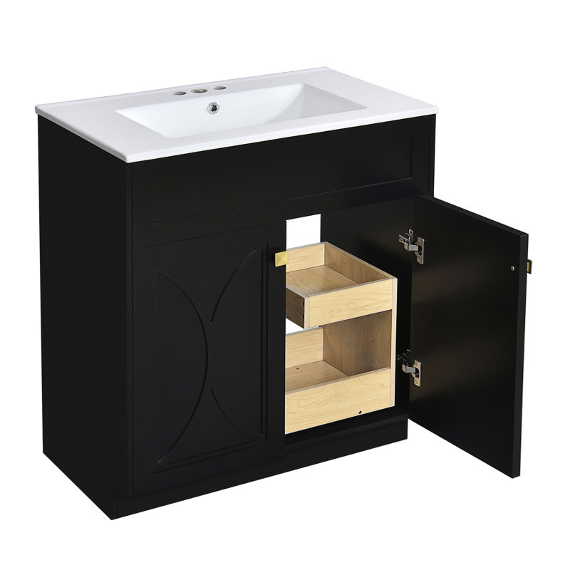 Meuble-lavabo de salle de bain 30 po - Armoire moderne noire avec charnières et poignée en métal exquise, Noir
