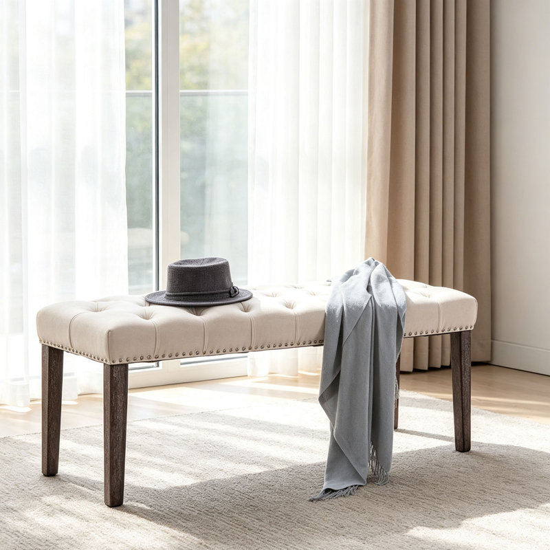 Banc rembourré en velours d'hévéa, Beige, Beige, Bois