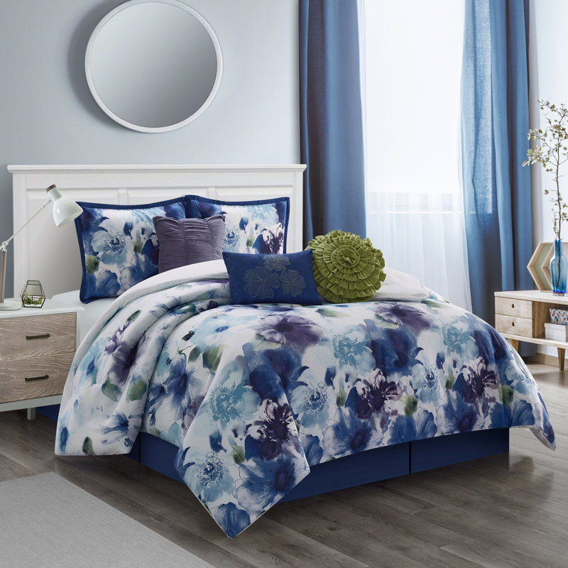 Eyla Blue/Purple Microfiber 7-Piece Comforter Set, California King Comforter + 6 Additional Pieces