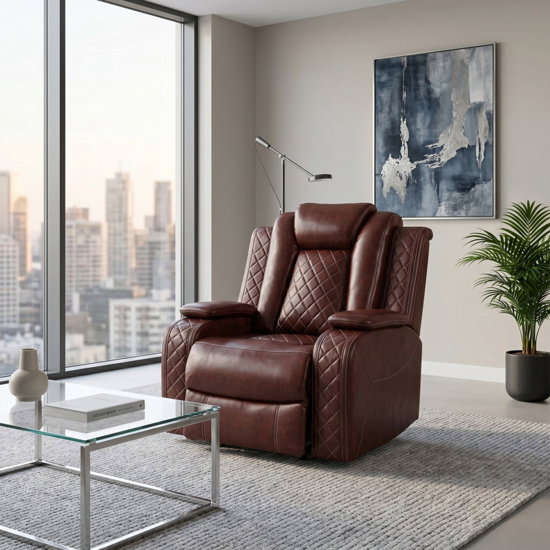 Victoria  Brown  Vegan Leather  Reclining  Chair With Cup-Holders And LED Lights