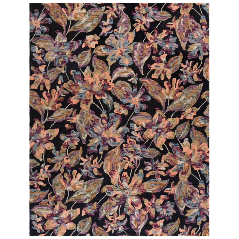 Kehler Hand Tufted Wool/Cotton Floral Rug in Black/Plum, Rectangle 8' x 10'