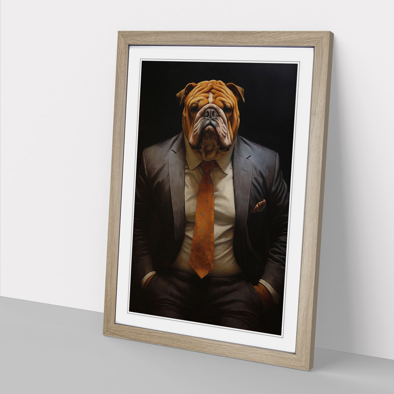 British Bulldog in a Suit Painting - Framed Print, 64cm H x 46cm W x 2cm D, Oak Framed