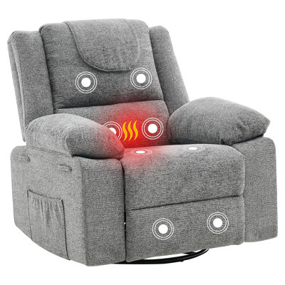Fauteuil inclinable surdimensionné à bascule massant pour adultes, fauteuil inclinable pivotant à 360 ° avec massage par vibrations et chauffage, poche latérale pour le salon / la chambre à coucher, gris