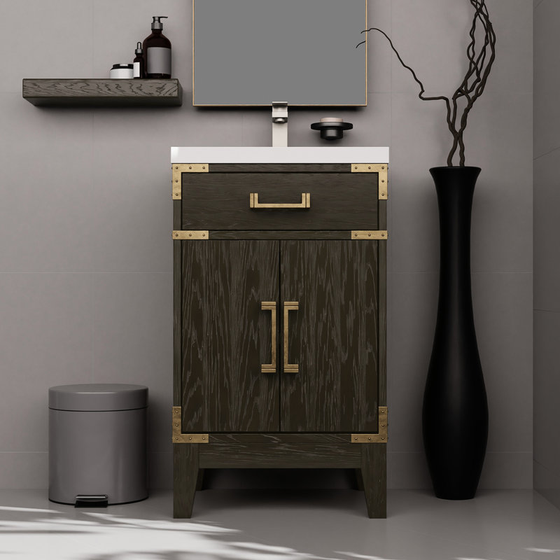 Meuble-lavabo simple en chêne brun avec robinet et miroir - Ensemble de salle de bain moderne - Comptoir en acrylique - Pièce maîtresse élégante