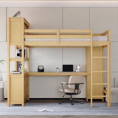Matériau de la structure en bois Structure de lit mezzanine avec armoire et bibliothèque, lit mezzanine grand format avec rangement intégré pour garde-robe et bureau pour chambre d'enfant, finition naturelle