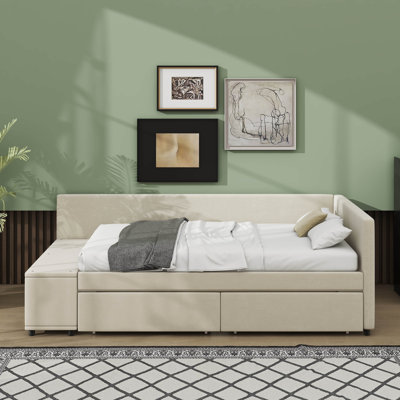 Lit plateforme simple en forme de L en peluche avec tiroirs de rangement
