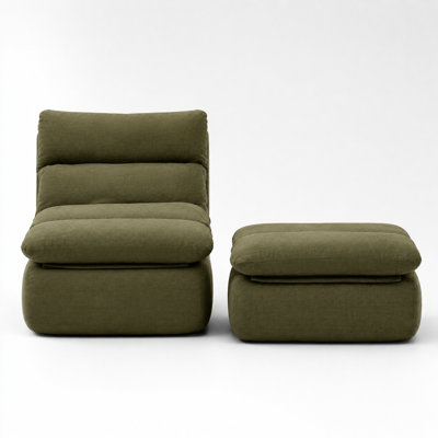 Tufted Floor Lounger with Ottoman, Ergonomic Chaise Sofa in Yellow Cotton Fabric for Living Rooms and Bedrooms