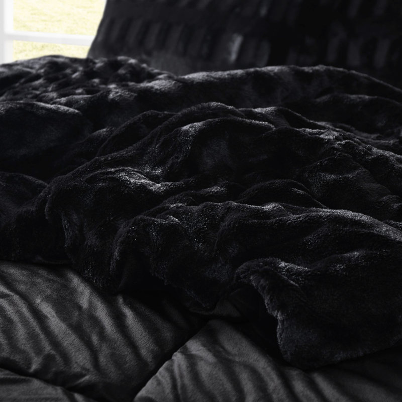 Black 3 Pcs Full/queen Solid Faux Fur Comforter Mini , Featuring Soft Mink Reverse, 2 Shams With - Inch Flange, Filled, Box Sewn Design For Fill Stability In Stylish Brushed Fur, Filling, End To
