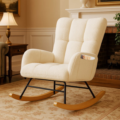 Nursery Rocking Chair, Teddy Upholstered Glider Rocking Chair with Side Pockets, Macfarland Accent Chair with High Backrest Reading Chair for Adult, N by George Oliver
