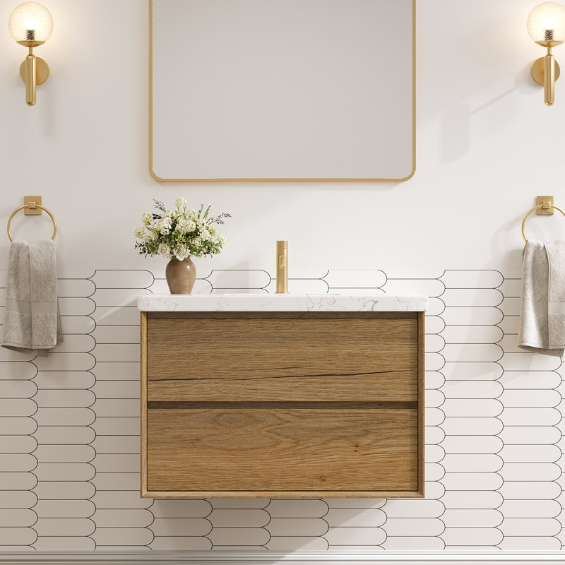 Wall-mounted Bath Vanity With Engineered Marble Top, 36", Natural wood