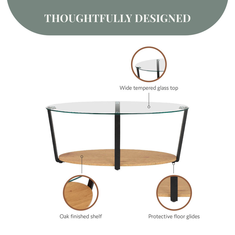 Nessa Oval Coffee Table with Glass Top and Oak Shelf