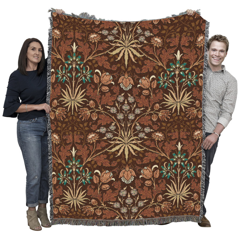 Couverture Pure Country Weavers William Morris Hyacinth Caramel - Arts & Crafts - Jeté en tapisserie tissée en coton - Fabriqué aux États-Unis (72x54)