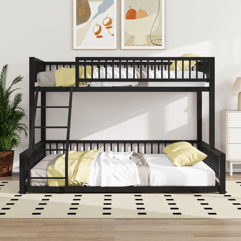 Twin XL Over Queen Floor Bunk Bed, Metal Bunk Bed Frame With Ladder & Guardrails For Bedroom, Guest Room, Black