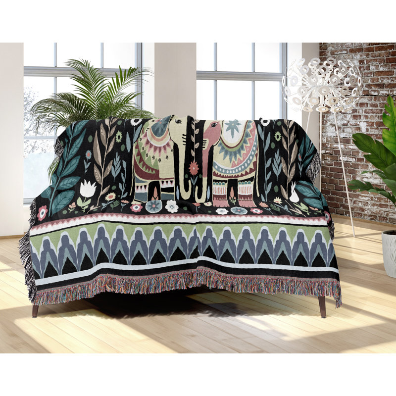 Jeté en mélange de coton Cece Elephant, L 80 po x l 60 po, Noir / vert / jaune