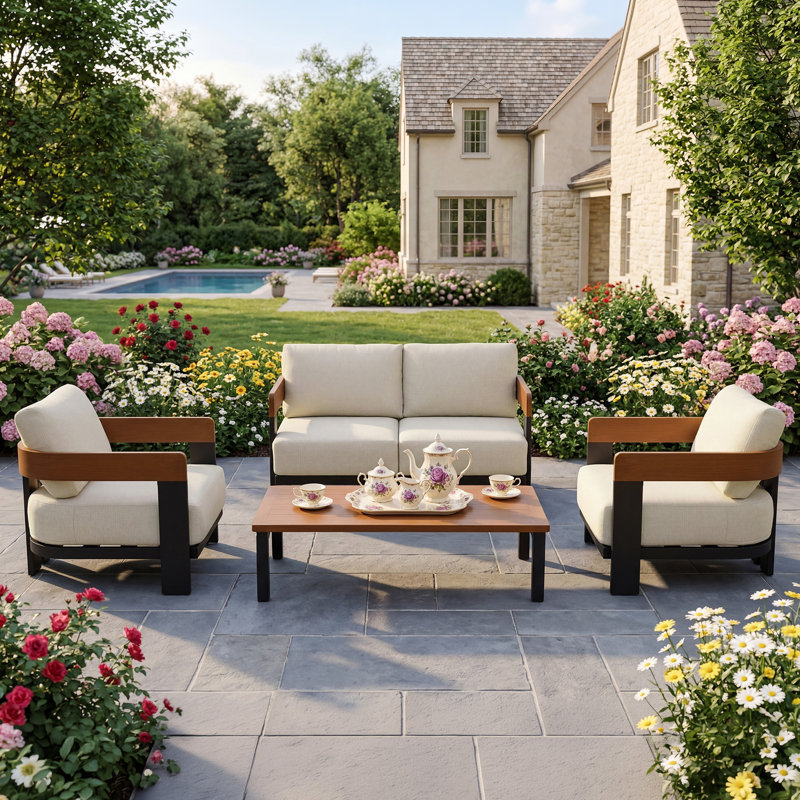 4-piece Patio Furniture Set With Black Frame And Beige Cushions