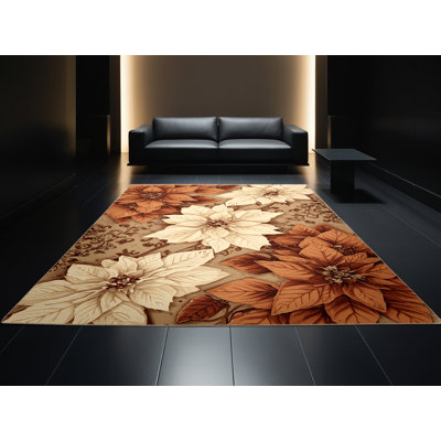 Machine Washable Ortmund Poinsettia Ornate Glam Floral Rug in Brown – Binding