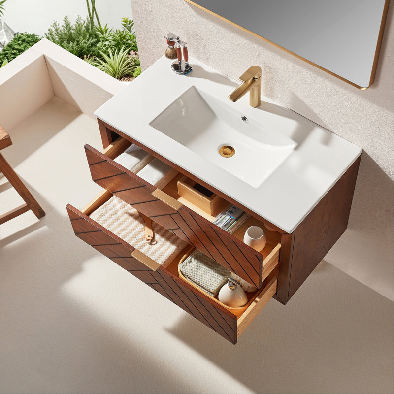 Meuble-lavabo mural simple flottant pré-assemblé de 36 po avec comptoir en céramique à 1 trou