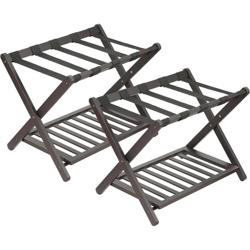 Porte-bagages pliable en bambou 2 pièces avec 5 sangles en nylon, support de valise à 2 niveaux pouvant contenir 150 lb, peu encombrant pour la chambre d'amis, la chambre à coucher et l'hôtel