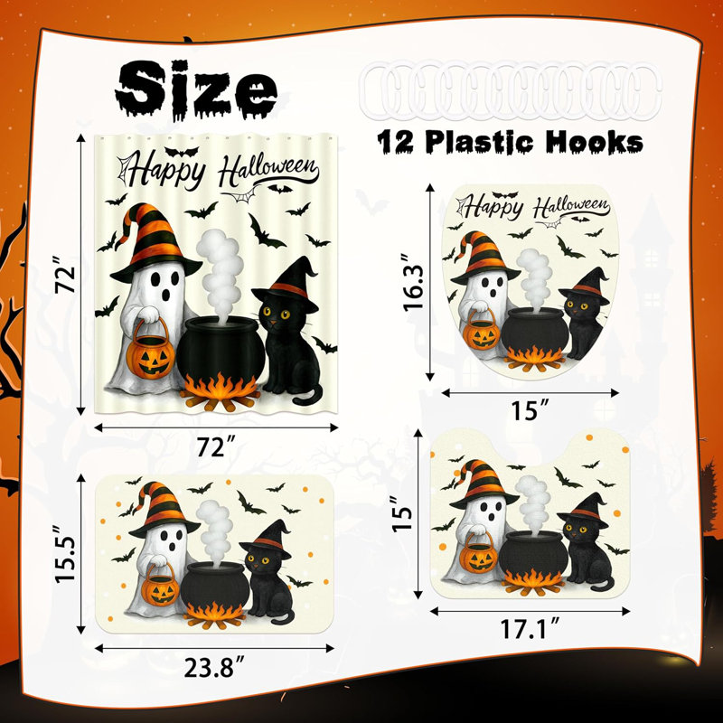 4 pièces ensembles de rideaux de douche pour salle de bain Halloween, chat fantôme, tapis de citrouille, tapis de bain, couvercle de toilette, décorations effrayantes avec 12 crochets