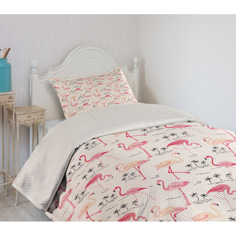 White Twin Flamingo Print Microfiber Bedspread Set