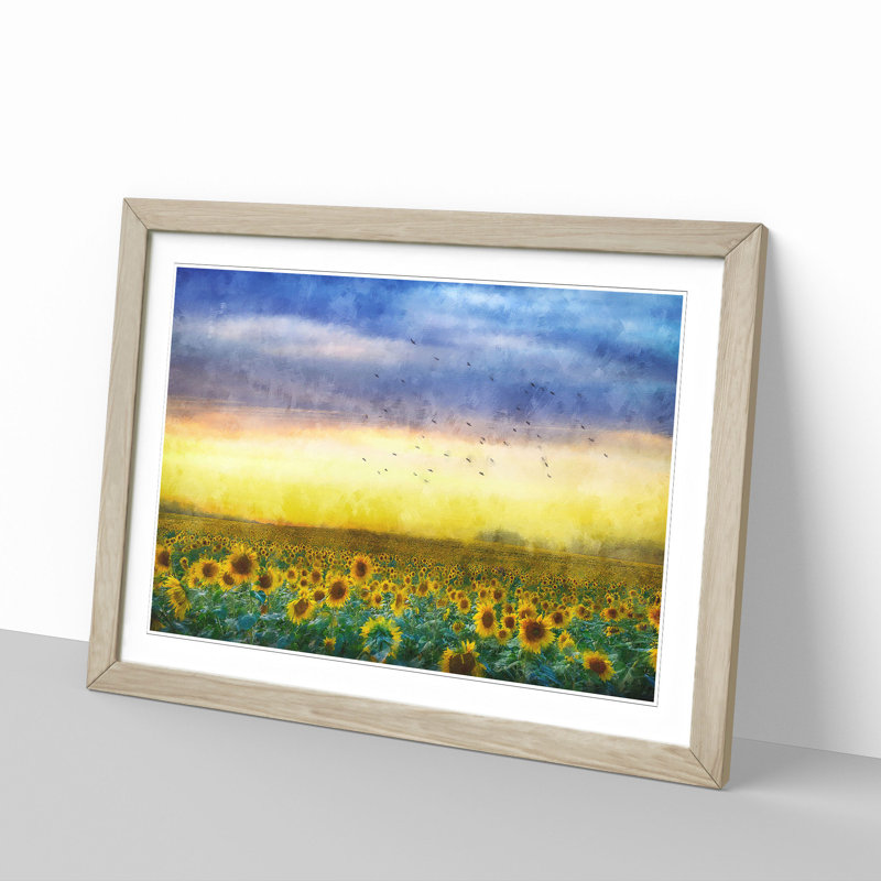 Flock of Birds Above Sunflowers - Picture Frame Graphic Art Print, 24cm H x 33cm W x 2cm D, Oak Framed