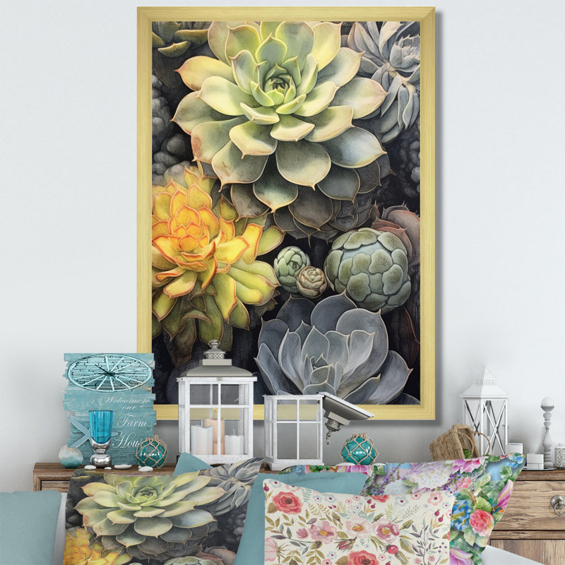 " Green Grey Resilience Succulent ", 20" H x 12" W x 1" D, Gold Picture Framed