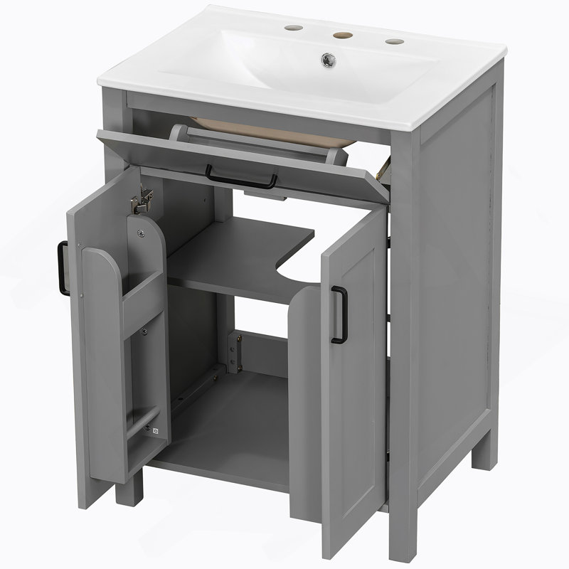 Meuble-lavabo moderne de 48 pouces avec lavabo en céramique, portes à fermeture en douceur, tiroir rabattable, tablettes de porte à double couche, solution de rangement élégante