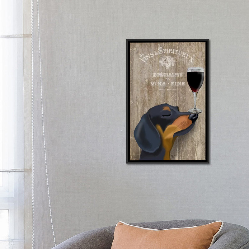 «Dog Au Vine Dachshund», impression sur toile, H 26 po x l 18 po x P 1,5 po, Toile avec cadre noir, Pas de tapis