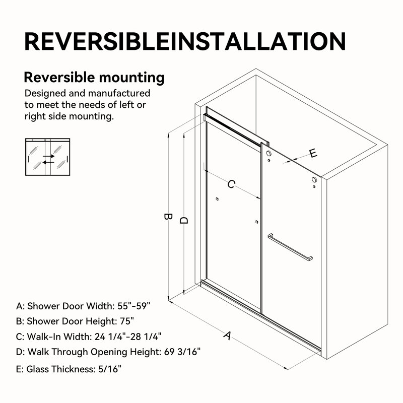 55-59＂W X 75＂H Double Sliding Shower Door With 5/16＂tempered Glass, Frameless Shower Door, Bathroom, Black