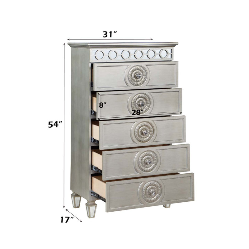 Commode 5 tiroirs Varian, finition argent et miroir
