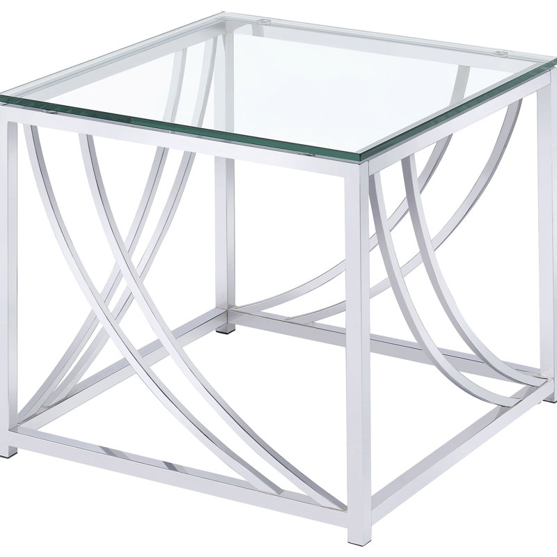 Table de bout carrée en verre, design réfléchissant, pieds en métal fiables, hauteur 18,94 pouces, aspect contemporain 20,06 de large et profond, structure, haute,