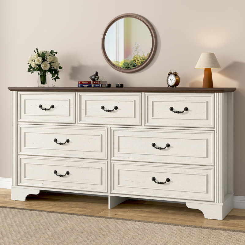 White Farmhouse 59" Wooden Dresser with Extra Deep Drawers