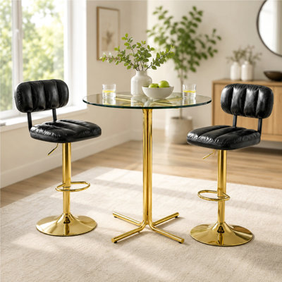 Round Glass Bar Table Set with 2 Adjustable Height Bar Stools, Modern Gold Pub Table Counter Height Bistro Table with Upholstered Backrest Bar Chairs for Home Bar, Kitchen, Breakfast Nook