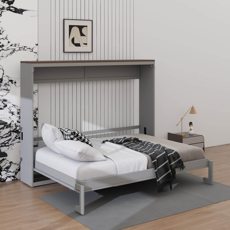 Lit escamotable horizontal avec station de charge USB, armoire murale escamotable en bois avec lattes Farmhouse, Grey