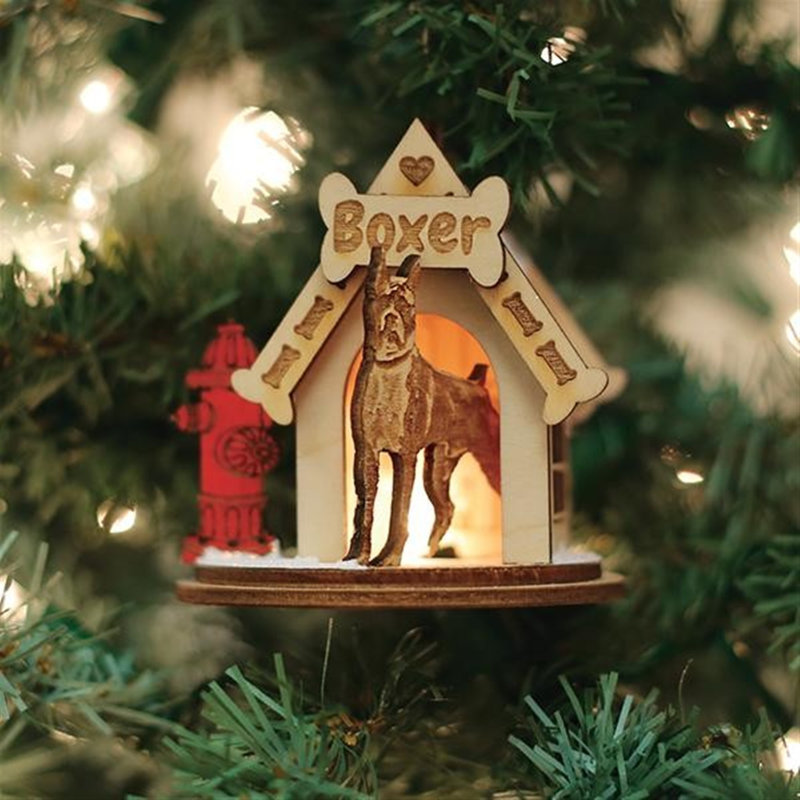 Boxer Doghouse Wooden Christmas Ornament with Light