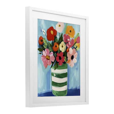 Bouquet in Green Striped Vase Framed Print Under Glass, design by Petal Prints Design