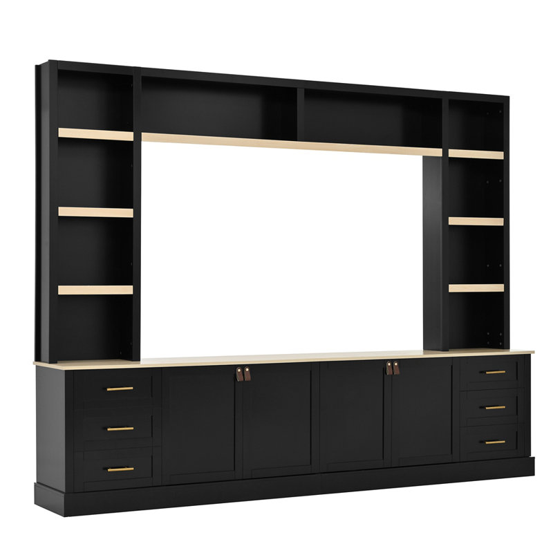 Meuble télé avec bibliothèque pour téléviseur de 75 po ou moins, console multimédia avec tiroirs, Black