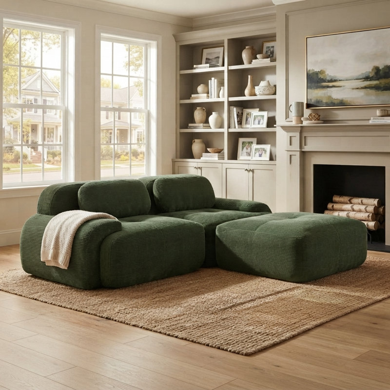 Ensemble de salon modulaire en velours côtelé de 204 cm (80,3 po) avec assises profondes, pouf et aucun assemblage requis, vert olive