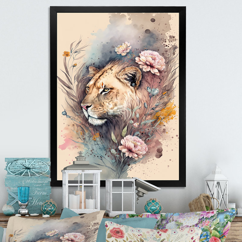 «Cute Lions Floral 3», impression sur toile, Cadre photo noir, H 20 po x l 12 po x P 1 po