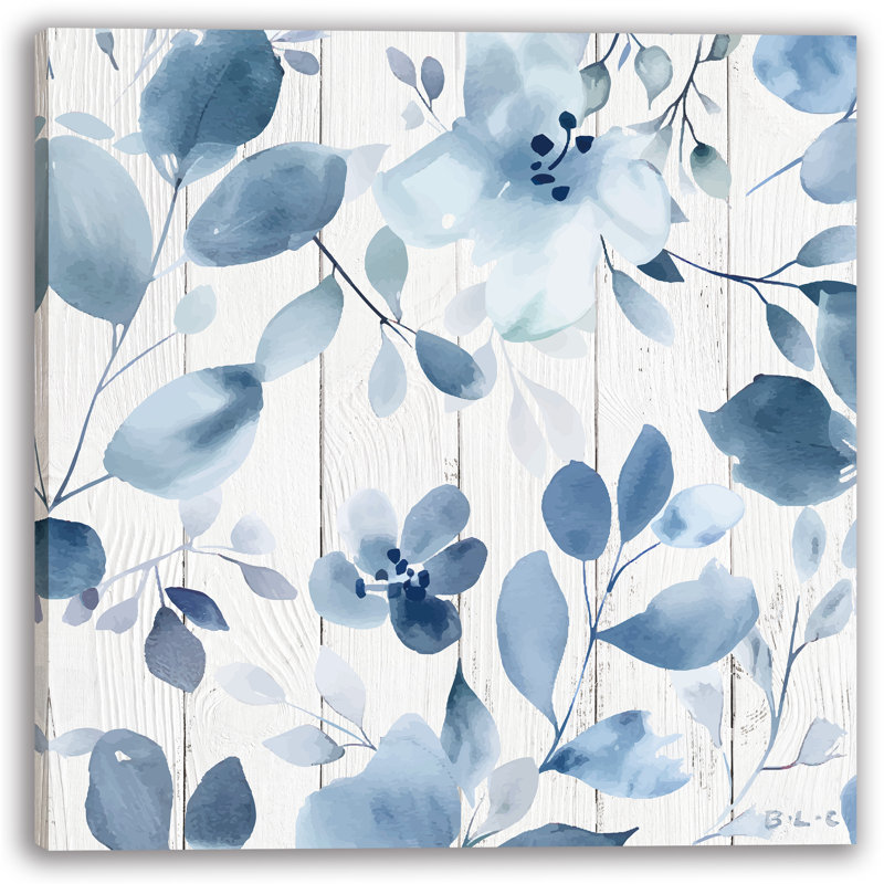 Douces fleurs bleues et feuilles sur bois, art sur toile tendue, H 12 po x l 12 po