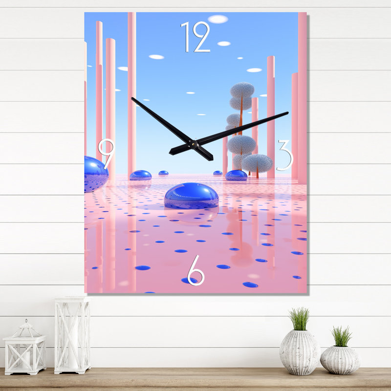 Abstrait paysage rétro dans des tons rétro I - horloge murale moderne Mid-Century, Médium