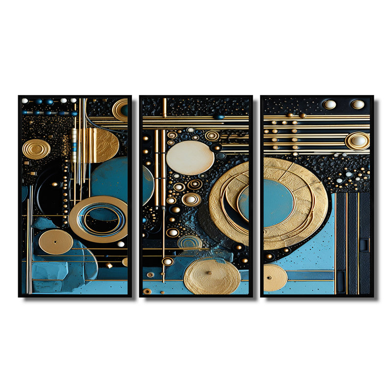Art Nouveau Collage Light Blue Gold - Geometric Wall Art Decor Set, 28" H x 36" W x 1" D, Black Floater Framed