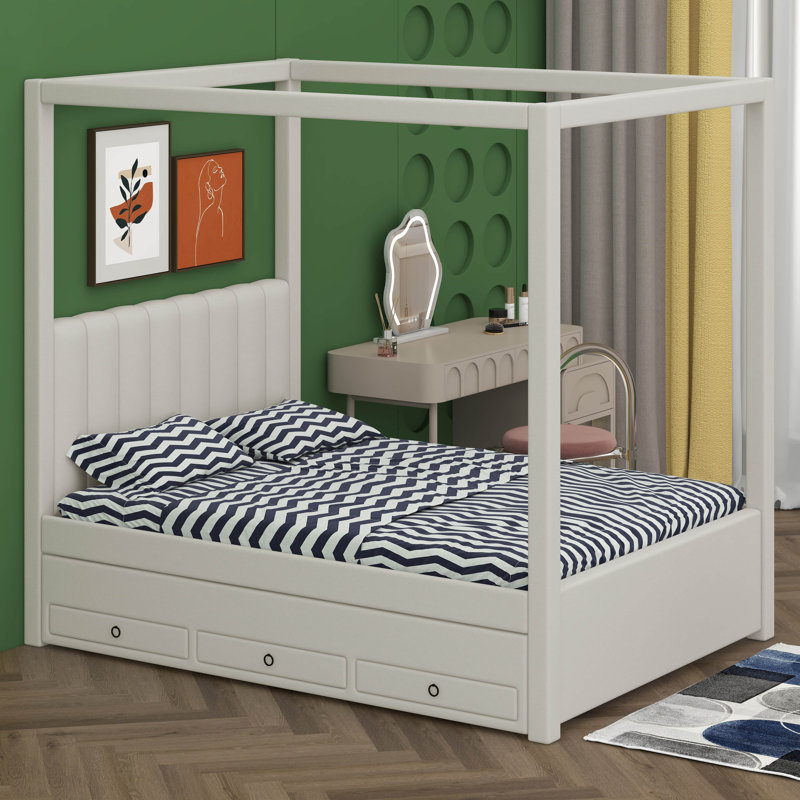 Lit plateforme à baldaquin double avec couchette et trois tiroirs de rangement Bunsley, Beige