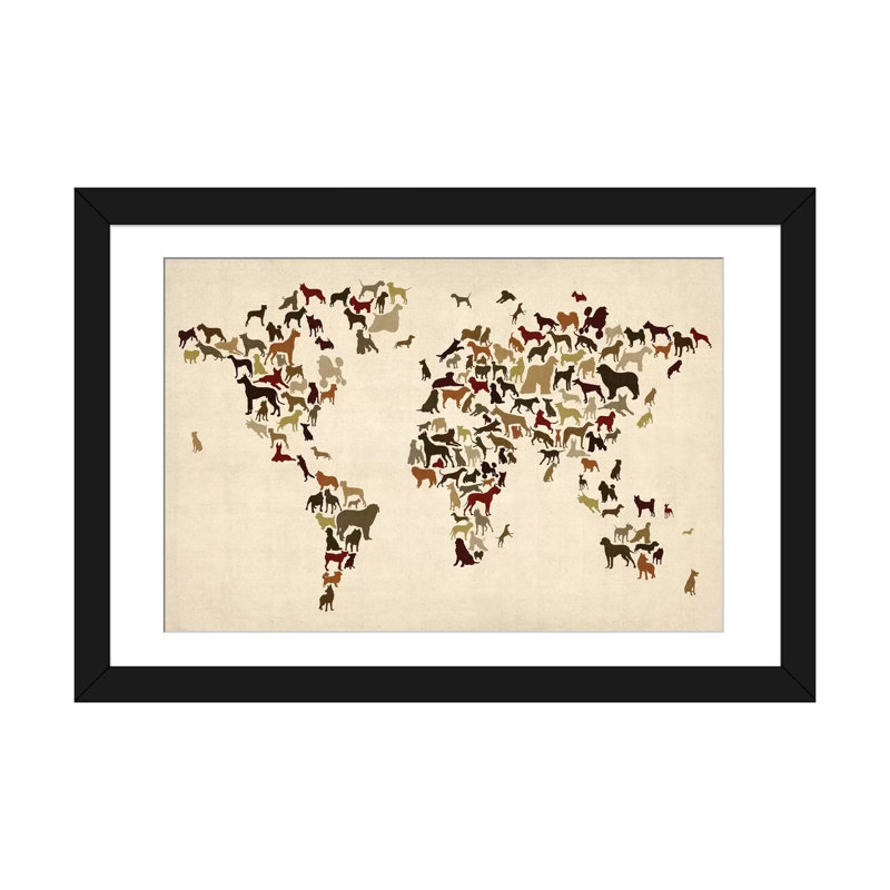 World Map Series: Dogs, impression sur toile tendue, H 16 po x l 24 po x P 1 po, Papier d'art encadré noir, Blanc