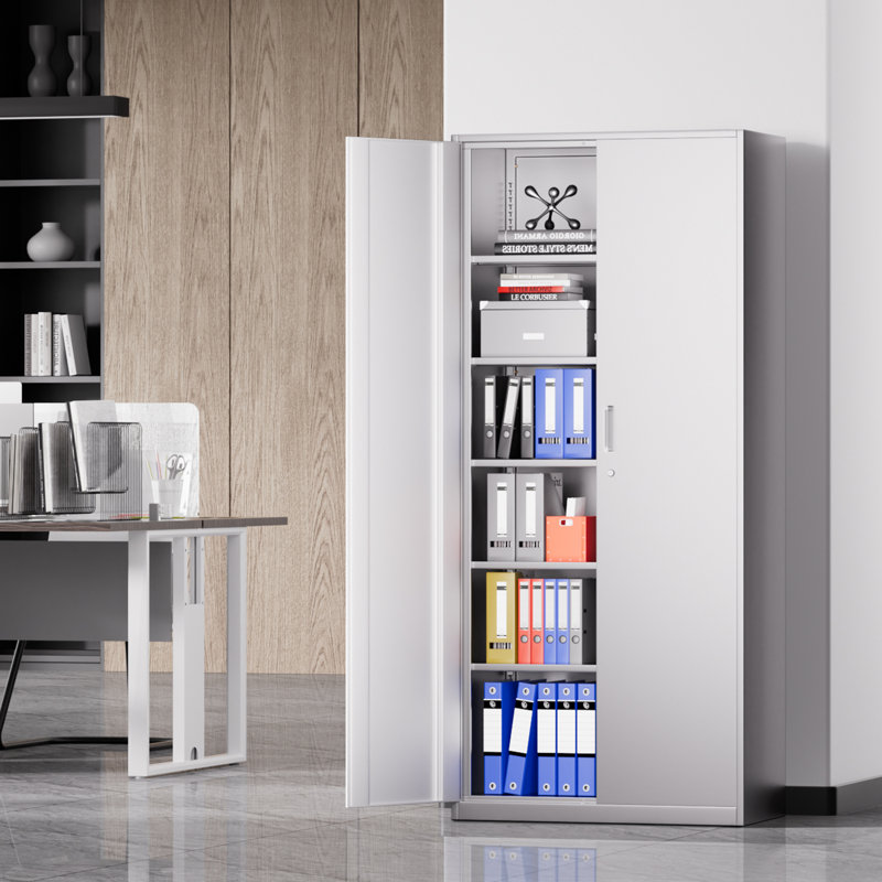 71" Lockable Heavy Duty Metal Storage Cabinet W/ 5 Adjustable Shelves, White